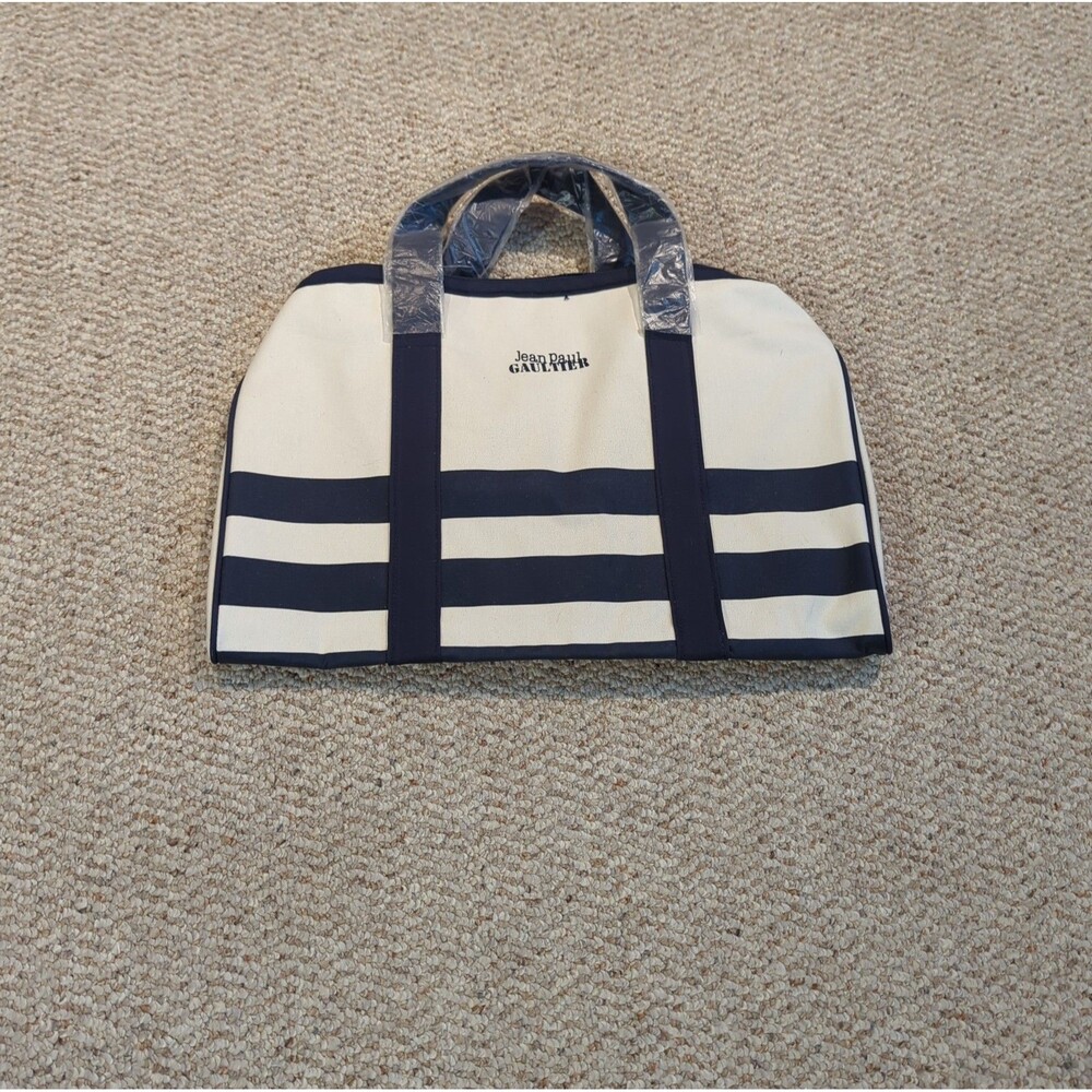Jean Paul Gaultier Canvas Travel Tote Bag Blue White Stripe Beach Nautical